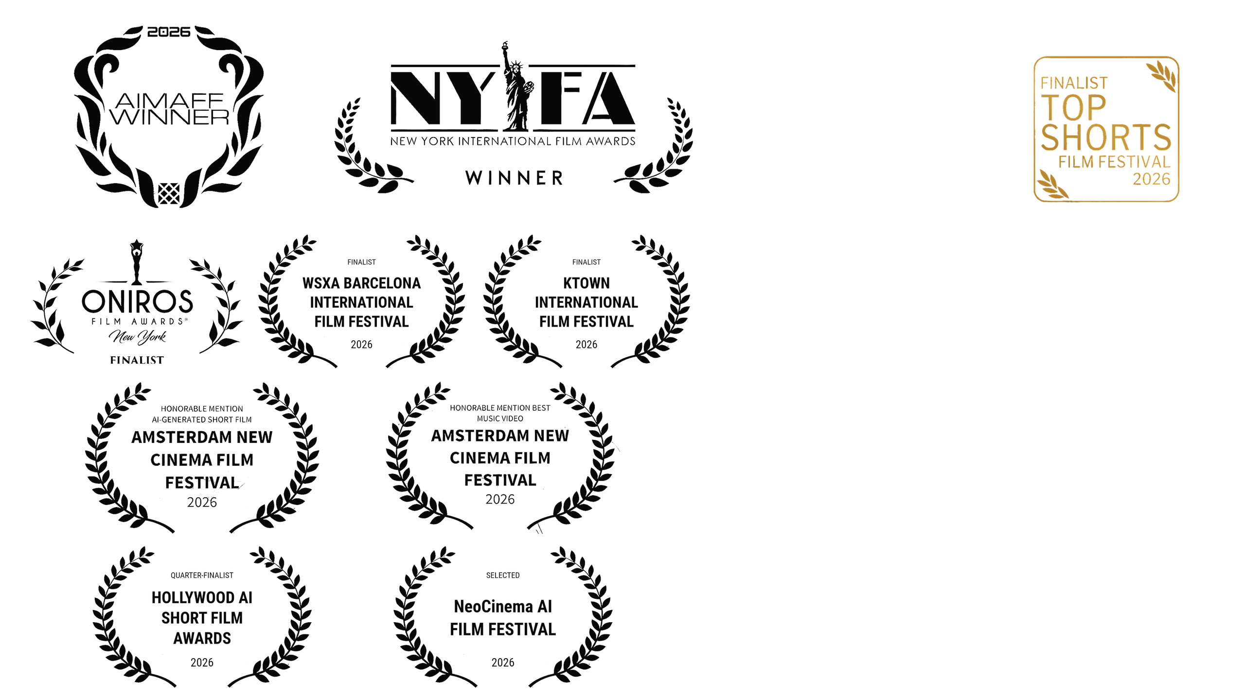 The Long Breath of Winter 수상: AIMAFF Winner, New York International Film Awards Winner, Oniros Film Awards Finalist, WSXA Barcelona International Film Festival Finalist, KTOWN International Film Festival Finalist, Amsterdam New Cinema Film Festival Honorable Mention ×2, Hollywood AI Short Film Awards Quarter-Finalist, NeoCinema AI Film Festival Selected, Top Shorts Film Festival Finalist