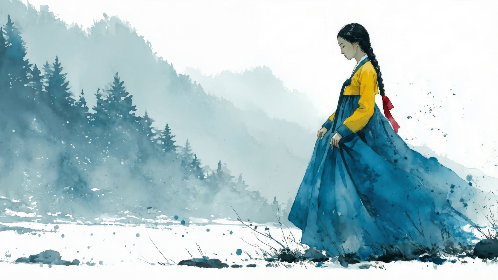 The Long Breath of Winter 키 아트, 눈 덮인 수묵 숲을 걷는 노랑 저고리에 파란 치마의 여인